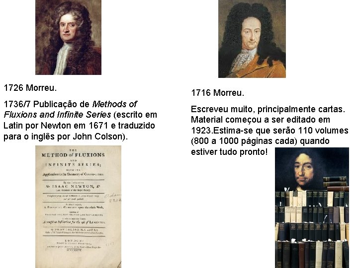 1726 Morreu. 1736/7 Publicação de Methods of Fluxions and Infinite Series (escrito em Latin