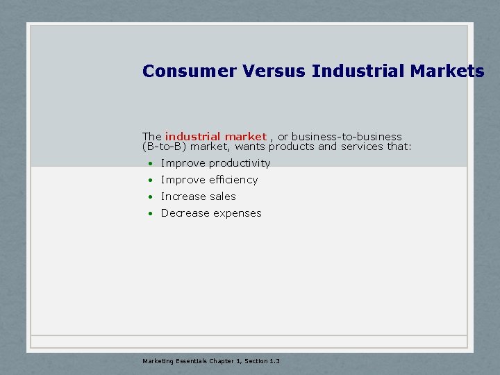 Consumer Versus Industrial Markets The industrial market , or business-to-business (B-to-B) market, wants products