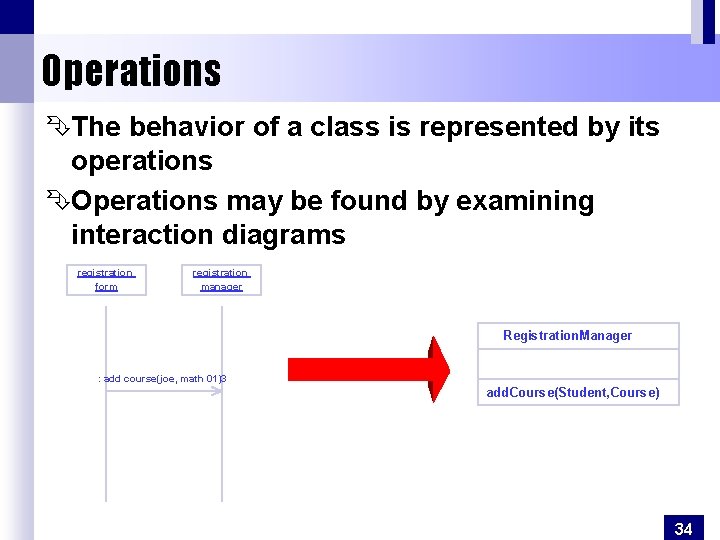 Operations ÊThe behavior of a class is represented by its operations ÊOperations may be