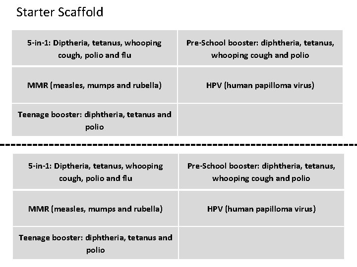 Starter Scaffold 5 -in-1: Diptheria, tetanus, whooping cough, polio and flu Pre-School booster: diphtheria,