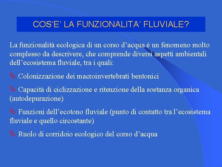 COS’E’ LA FUNZIONALITA’ FLUVIALE? La funzionalità ecologica di un corso d’acqua è un fenomeno