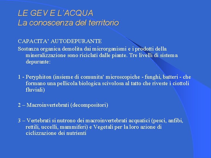 LE GEV E L’ACQUA La conoscenza del territorio CAPACITA’ AUTODEPURANTE Sostanza organica demolita dai