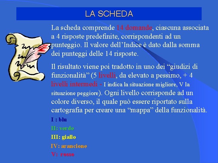 LA SCHEDA La scheda comprende 14 domande, ciascuna associata a 4 risposte predefinite, corrispondenti