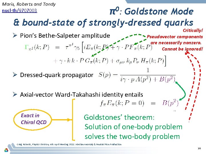 Maris, Roberts and Tandy nucl-th/9707003 π0: Goldstone Mode & bound-state of strongly-dressed quarks Ø