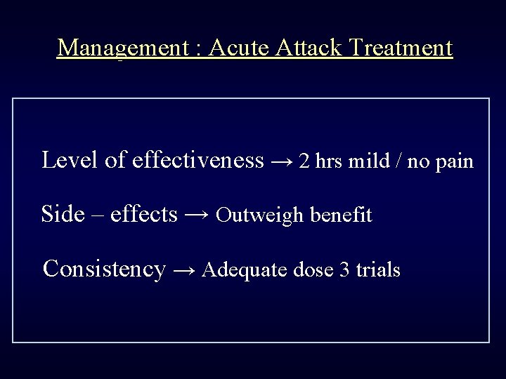 Management : Acute Attack Treatment Level of effectiveness → 2 hrs mild / no