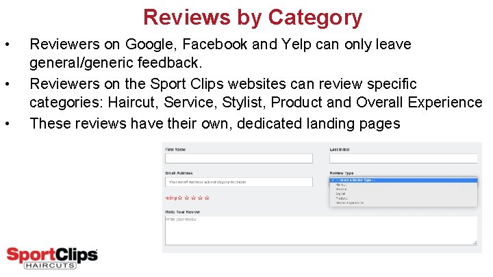 Reviews by Category • • • Reviewers on Google, Facebook and Yelp can only