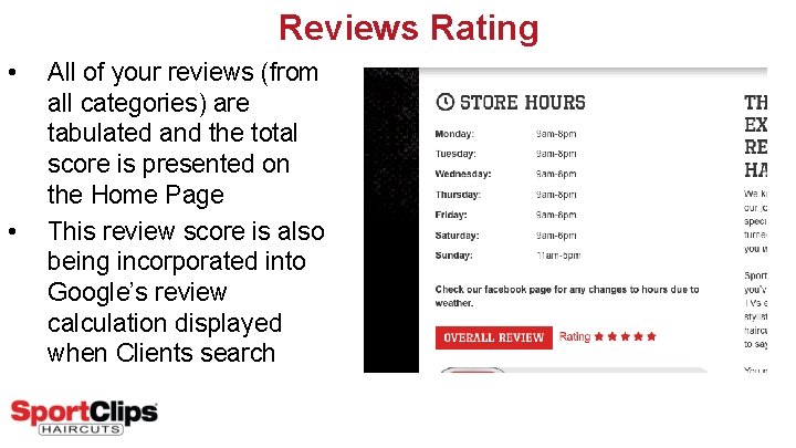 Reviews Rating • • All of your reviews (from all categories) are tabulated and