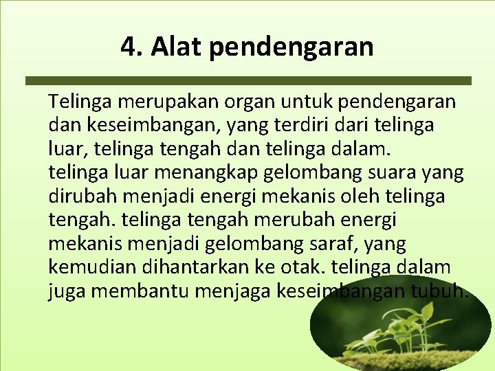 4. Alat pendengaran Telinga merupakan organ untuk pendengaran dan keseimbangan, yang terdiri dari telinga