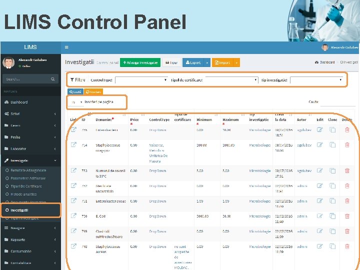 LIMS Control Panel 