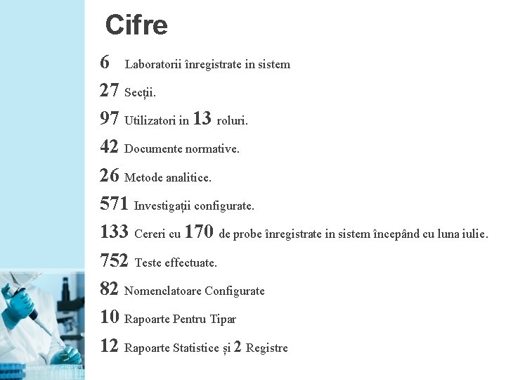 Cifre 6 Laboratorii înregistrate in sistem 27 Secții. 97 Utilizatori in 13 roluri. 42