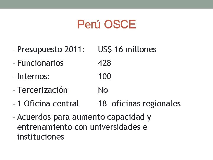 Perú OSCE - Presupuesto 2011: US$ 16 millones - Funcionarios 428 - Internos: 100