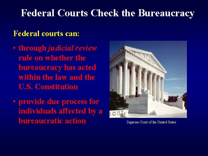 Federal Courts Check the Bureaucracy Federal courts can: • through judicial review rule on