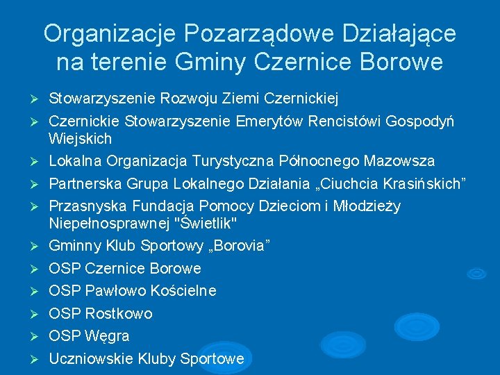 Organizacje Pozarządowe Działające na terenie Gminy Czernice Borowe Stowarzyszenie Rozwoju Ziemi Czernickiej Czernickie Stowarzyszenie