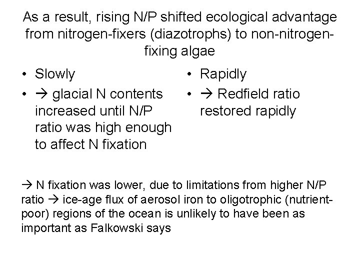As a result, rising N/P shifted ecological advantage from nitrogen-fixers (diazotrophs) to non-nitrogenfixing algae