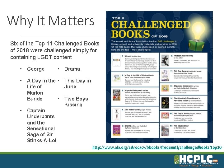 Why It Matters Six of the Top 11 Challenged Books of 2018 were challenged