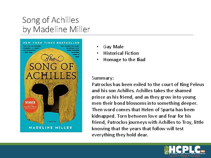 Song of Achilles by Madeline Miller • Gay Male • Historical Fiction • Homage