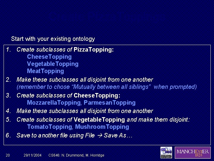 Create Pizza. Toppings Start with your existing ontology 1. Create subclasses of Pizza. Topping: