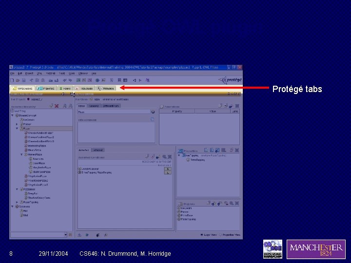 Protégé OWL plugin Protégé tabs 8 29/11/2004 CS 646: N. Drummond, M. Horridge 