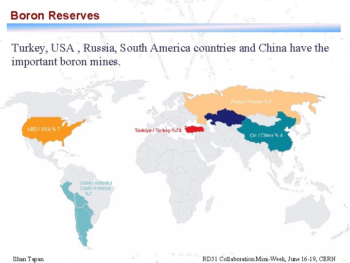 Boron Reserves Turkey, USA , Russia, South America countries and China have the important