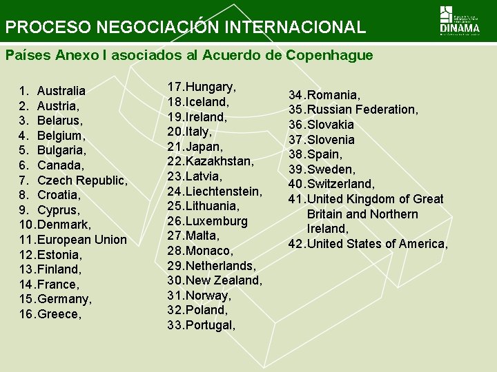 PROCESO NEGOCIACIÓN INTERNACIONAL Países Anexo I asociados al Acuerdo de Copenhague 1. Australia 2.