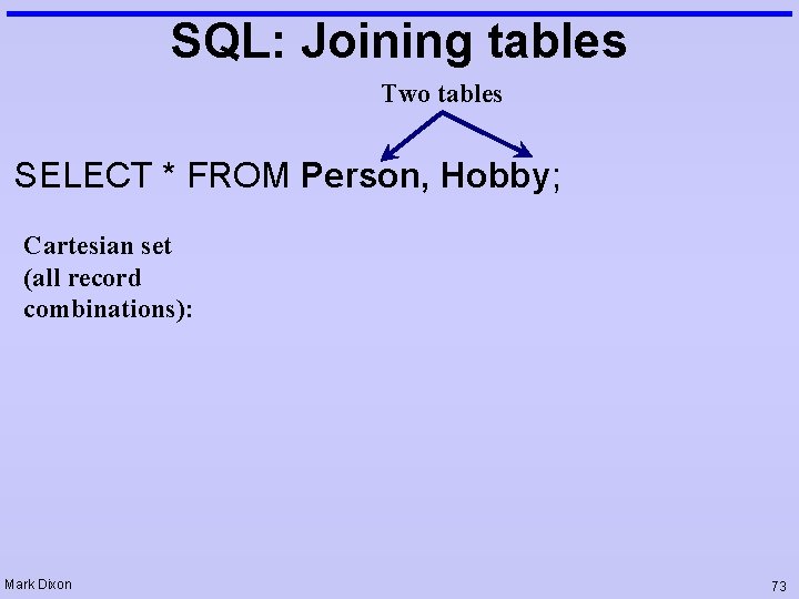 SQL: Joining tables Two tables SELECT * FROM Person, Hobby; Cartesian set (all record