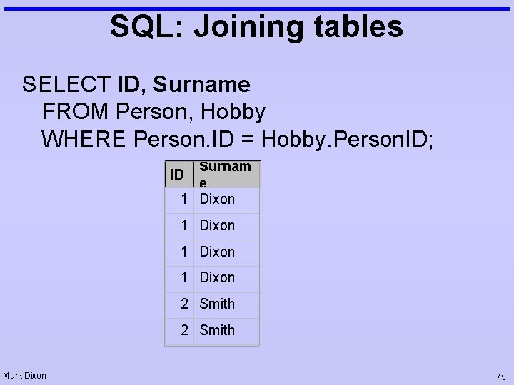 SQL: Joining tables SELECT ID, Surname FROM Person, Hobby WHERE Person. ID = Hobby.