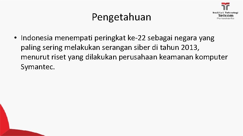 Pengetahuan • Indonesia menempati peringkat ke-22 sebagai negara yang paling sering melakukan serangan siber