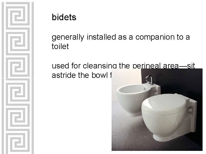 bidets generally installed as a companion to a toilet used for cleansing the perineal