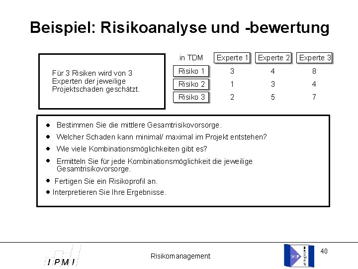 Beispiel: Risikoanalyse und -bewertung Für 3 Risiken wird von 3 Experten der jeweilige Projektschaden