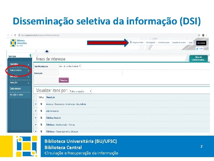 Disseminação seletiva da informação (DSI) Biblioteca Universitária (BU/UFSC) Biblioteca Central Circulação e Recuperação da