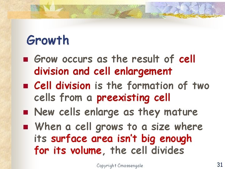 Growth n n Grow occurs as the result of cell division and cell enlargement