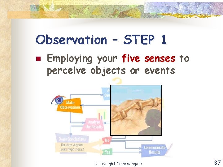 Observation – STEP 1 n Employing your five senses to perceive objects or events