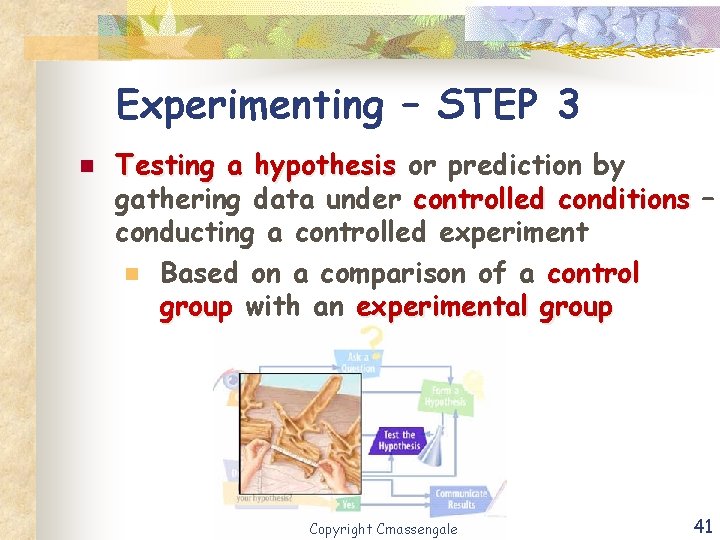Experimenting – STEP 3 n Testing a hypothesis or prediction by gathering data under