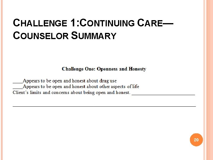 CHALLENGE 1: CONTINUING CARE— COUNSELOR SUMMARY 20 