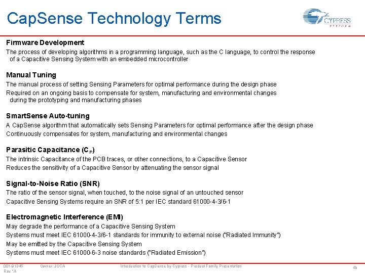 Cap. Sense Technology Terms Firmware Development The process of developing algorithms in a programming