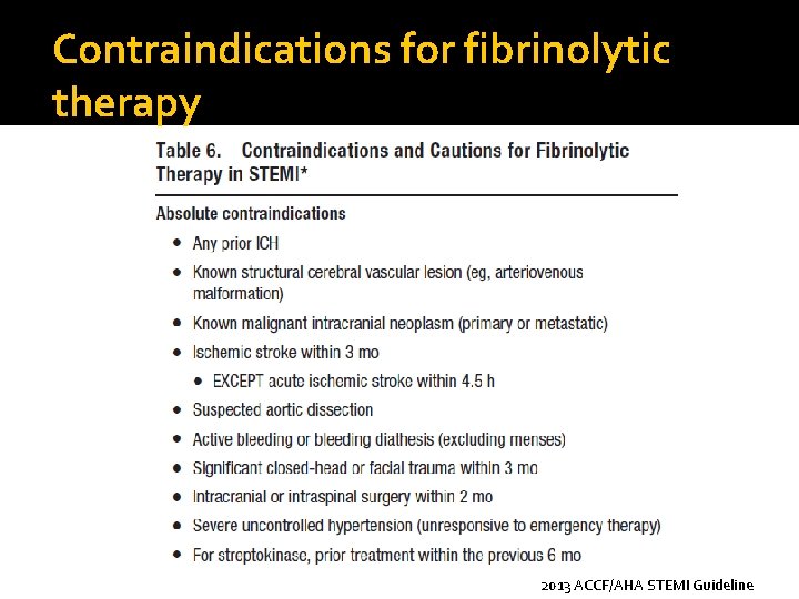 Contraindications for fibrinolytic therapy 2013 ACCF/AHA STEMI Guideline 