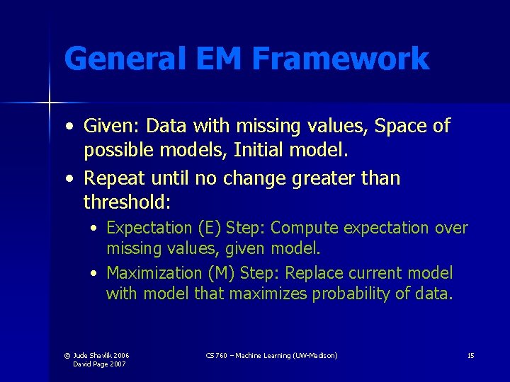 General EM Framework • Given: Data with missing values, Space of possible models, Initial