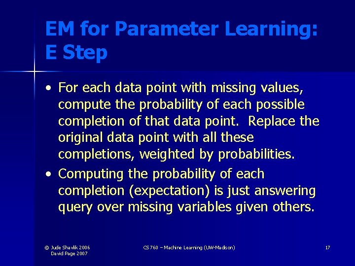 EM for Parameter Learning: E Step • For each data point with missing values,