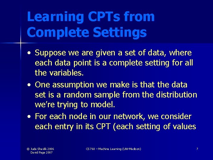 Learning CPTs from Complete Settings • Suppose we are given a set of data,