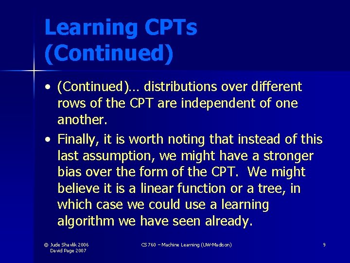 Learning CPTs (Continued) • (Continued)… distributions over different rows of the CPT are independent