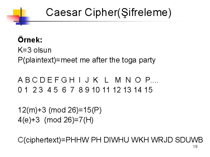 Caesar Cipher(Şifreleme) Örnek: K=3 olsun P(plaintext)=meet me after the toga party A B C