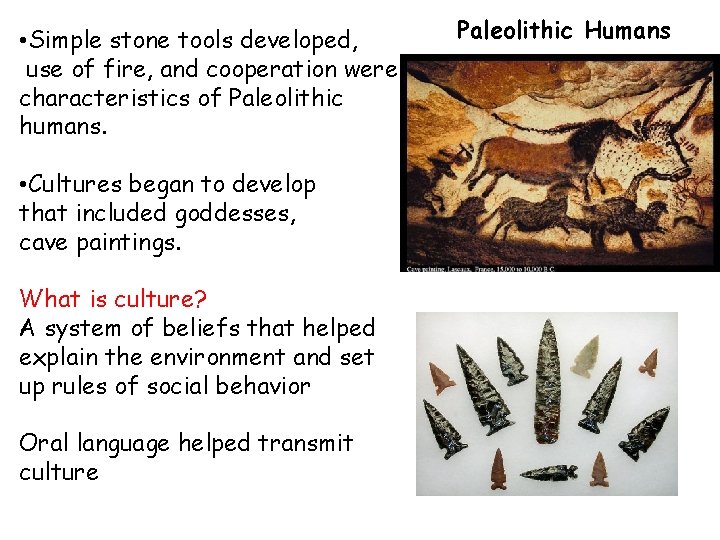  • Simple stone tools developed, use of fire, and cooperation were characteristics of