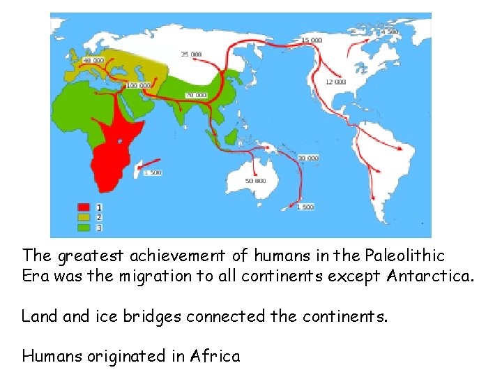 The greatest achievement of humans in the Paleolithic Era was the migration to all