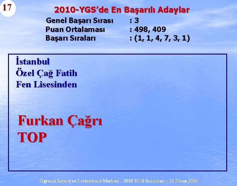 17 2010 -YGS’de En Başarılı Adaylar Genel Başarı Sırası Puan Ortalaması Başarı Sıraları :