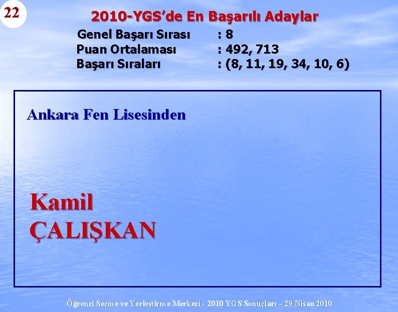 22 2010 -YGS’de En Başarılı Adaylar Genel Başarı Sırası Puan Ortalaması Başarı Sıraları :