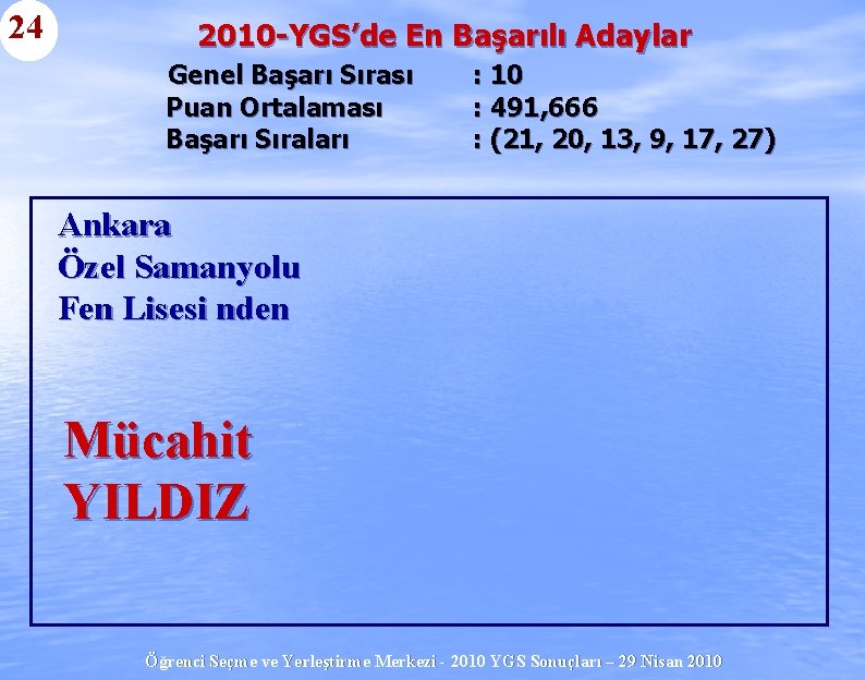 24 2010 -YGS’de En Başarılı Adaylar Genel Başarı Sırası Puan Ortalaması Başarı Sıraları :