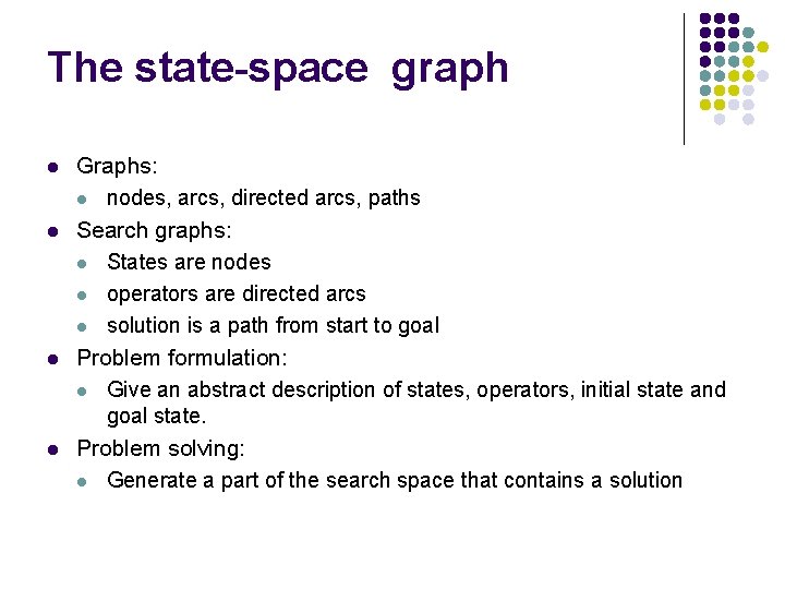 The state-space graph l l Graphs: l nodes, arcs, directed arcs, paths Search graphs: