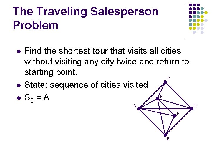 The Traveling Salesperson Problem l l l Find the shortest tour that visits all