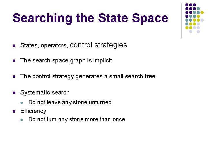 Searching the State Space l States, operators, control l The search space graph is