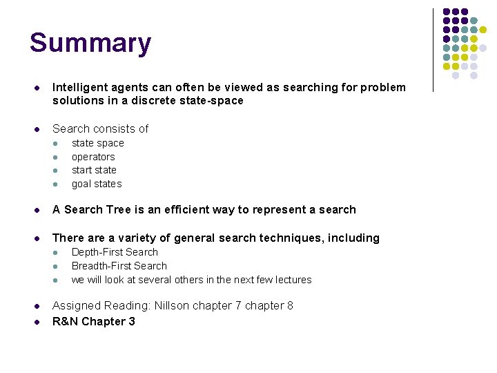 Summary l Intelligent agents can often be viewed as searching for problem solutions in